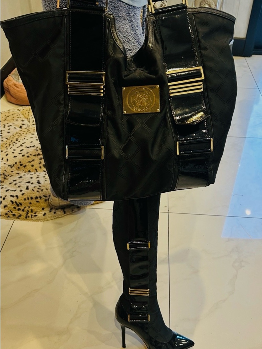 Versace Black Quilted Tote with Gold Medusa Plaque